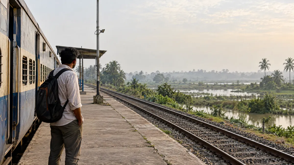 Traveller with a backpack standing beside a passenger train at a rural railway station in Bengal.