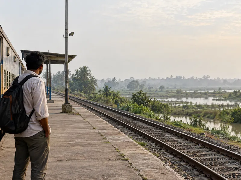 Traveller with a backpack standing beside a passenger train at a rural railway station in Bengal.