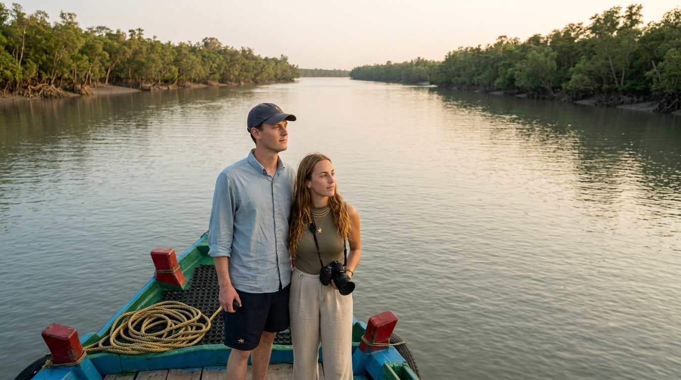 Family couple standing on a traditional boat on a calm Sundarbans river surrounded by mangrove forest.