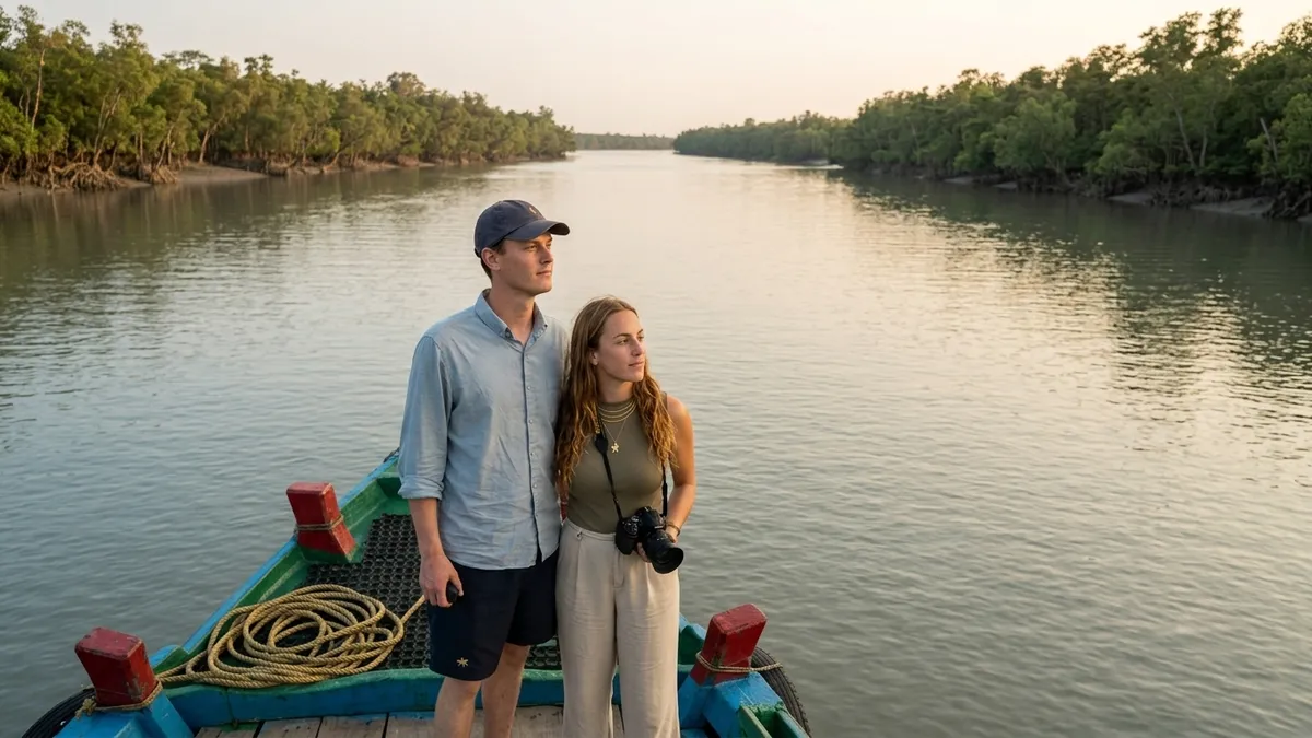 Family couple standing on a traditional boat on a calm Sundarbans river surrounded by mangrove forest.