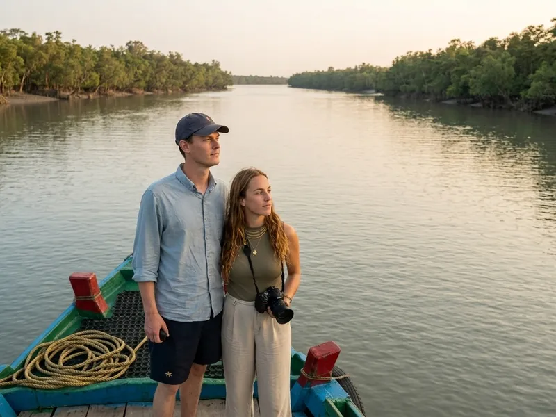 Family couple standing on a traditional boat on a calm Sundarbans river surrounded by mangrove forest.