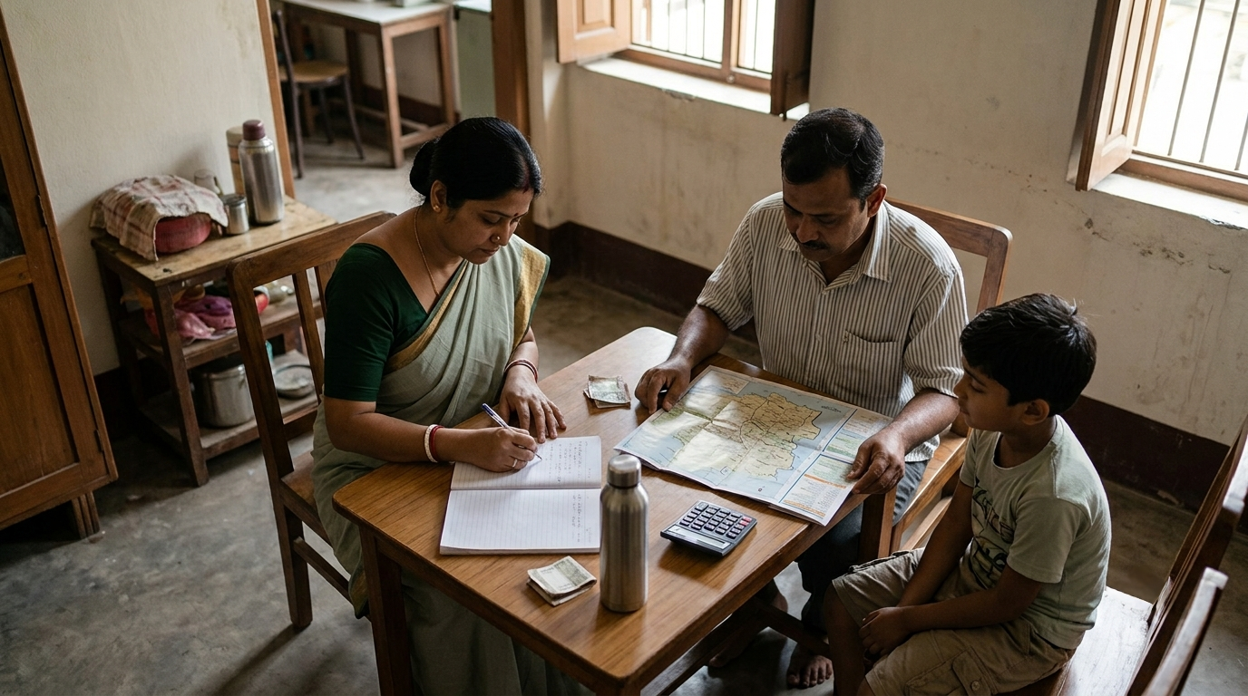 Bengali family planning a Sundarban trip at home, using a map, notebook and calculator to work out their travel budget.