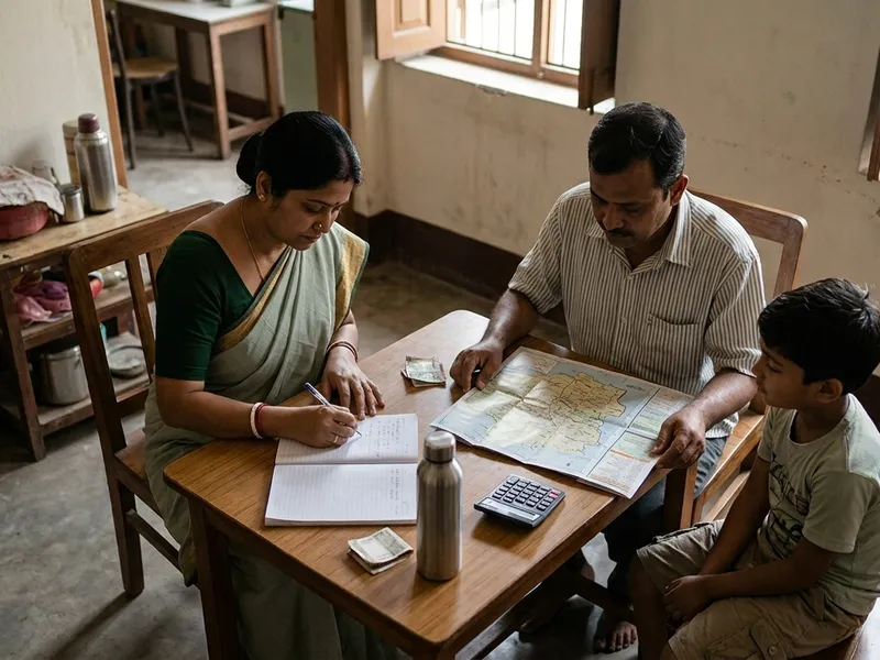 Bengali family planning a Sundarban trip at home, using a map, notebook and calculator to work out their travel budget.