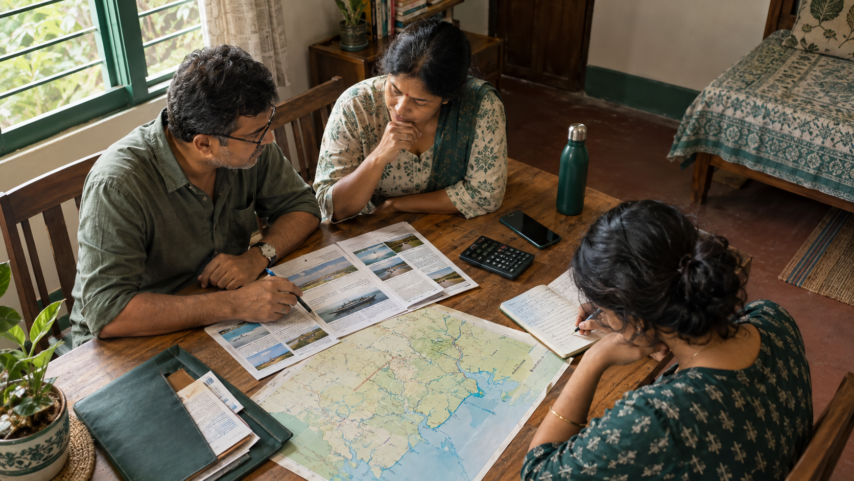 Bengali family planning a Sundarban trip around a wooden table with a map, notebook, calculator and travel documents.