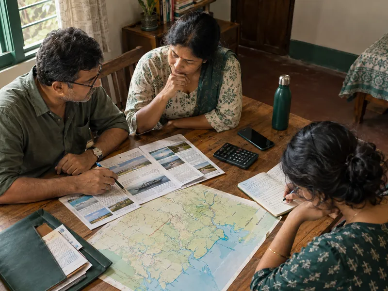 Bengali family planning a Sundarban trip around a wooden table with a map, notebook, calculator and travel documents.