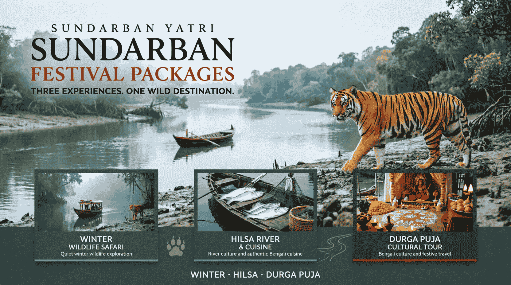 Sundarban Yatri festival packages promotional banner showing a mangrove river, a small boat, a tiger on the riverbank, and three panels for Winter wildlife safari, Hilsa river and cuisine, and Durga Puja cultural tour.