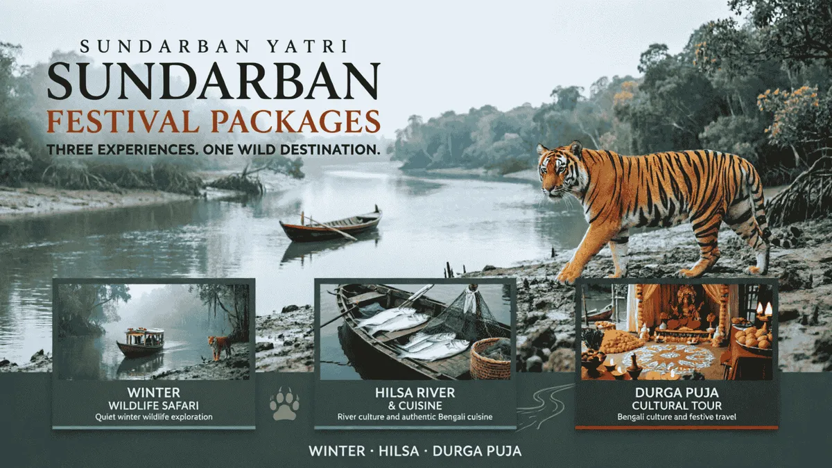 Sundarban Yatri festival packages promotional banner showing a mangrove river, a small boat, a tiger on the riverbank, and three panels for Winter wildlife safari, Hilsa river and cuisine, and Durga Puja cultural tour.