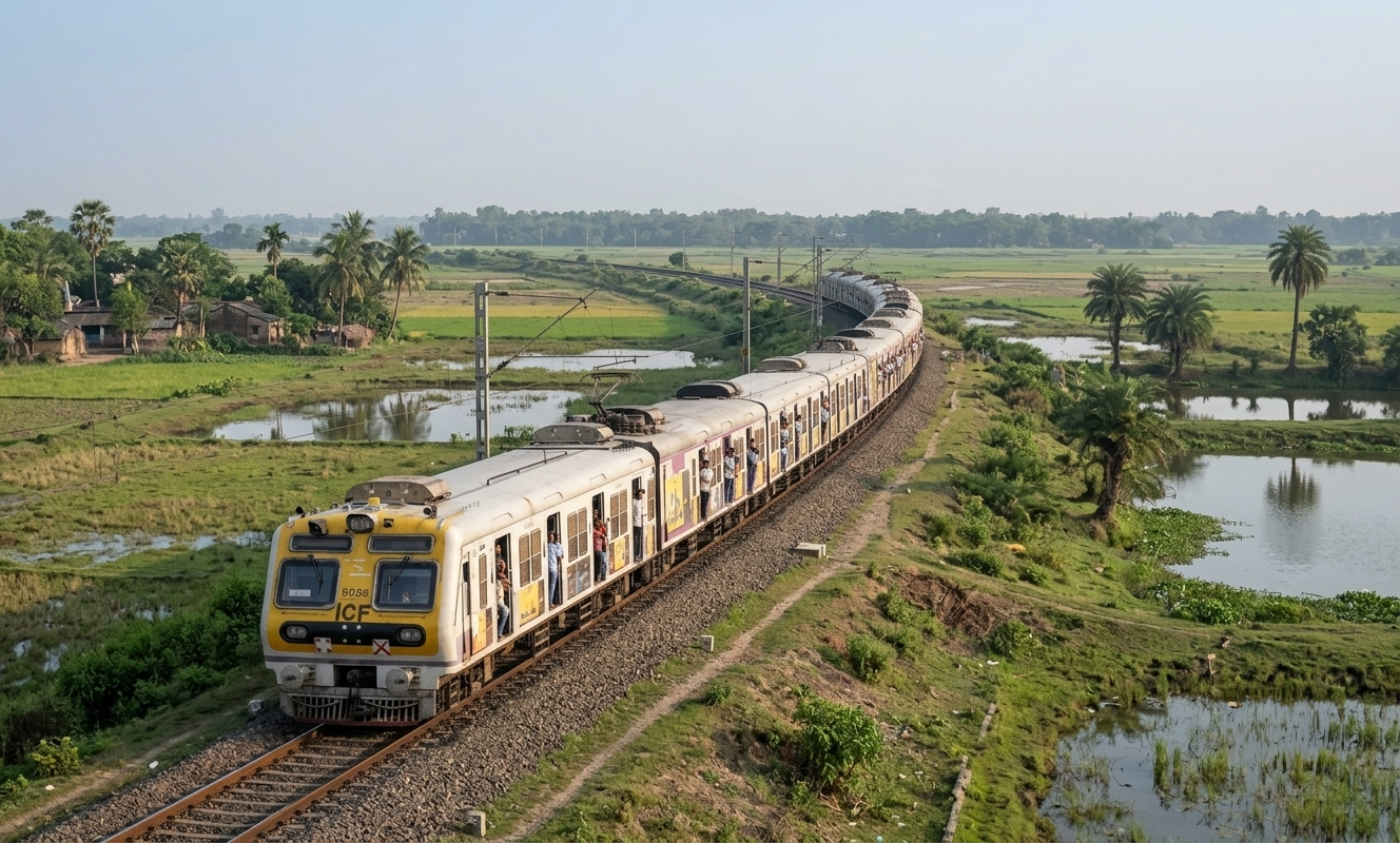 Local train travelling through the rural landscape of Bengal on the journey towards Canning. Caption: