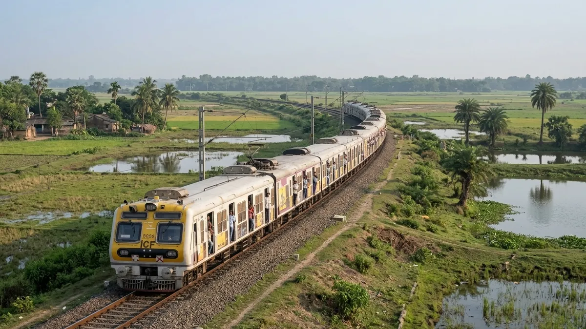 Local train travelling through the rural landscape of Bengal on the journey towards Canning. Caption: