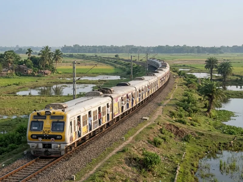 Local train travelling through the rural landscape of Bengal on the journey towards Canning. Caption: