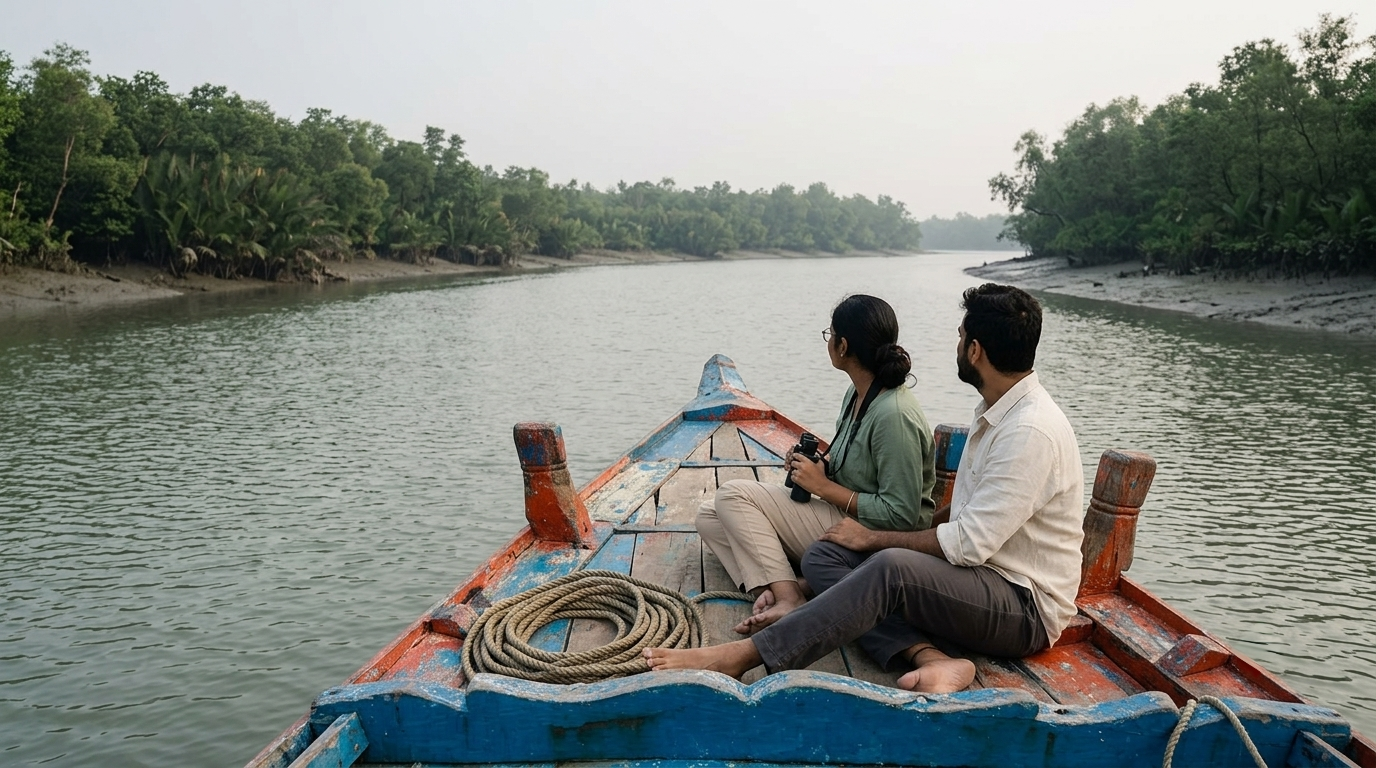 Couple sitting on a wooden boat while travelling through a calm mangrove river in the Sundarbans