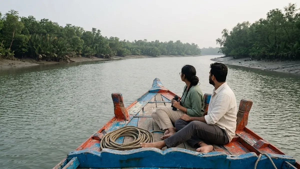 Couple sitting on a wooden boat while travelling through a calm mangrove river in the Sundarbans