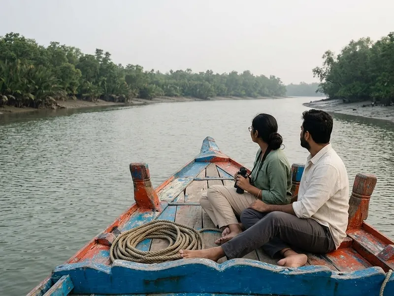 Couple sitting on a wooden boat while travelling through a calm mangrove river in the Sundarbans