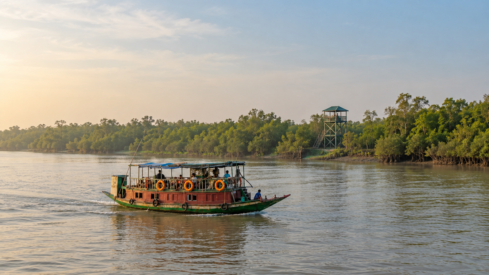 Safari boat travelling along a tidal waterway in the Sundarbans, with a forest watchtower and mangrove forest in the background.