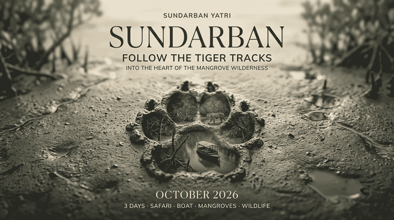 Sundarban Yatri October 2026 promotional graphic showing a tiger-paw-shaped mangrove scene with miniature tiger and boat imagery and the message ‘Follow the tiger tracks into the heart of the mangrove wilderness.’